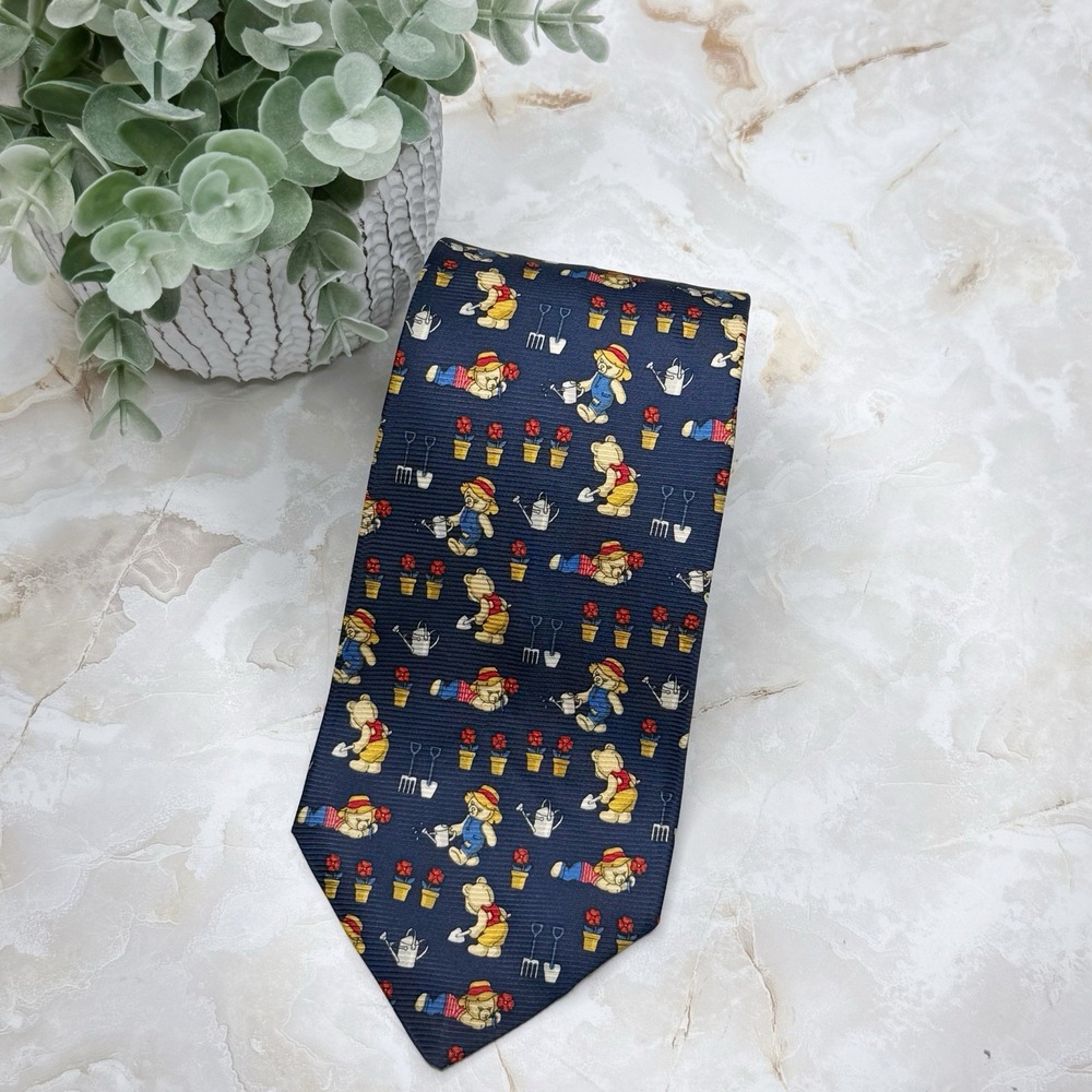 NWOT Mulberry‎ Navy Red Yellow Silk Tie Landscaper Bear Print 3 3/4" - 58"